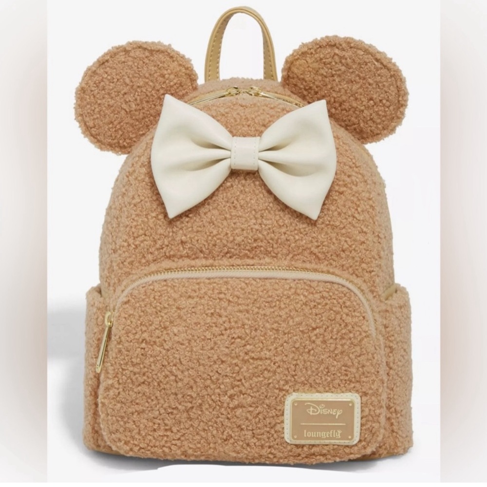 Loungefly Disney Mini Mouse Sherpa Backpack in Tan with Cream Bow